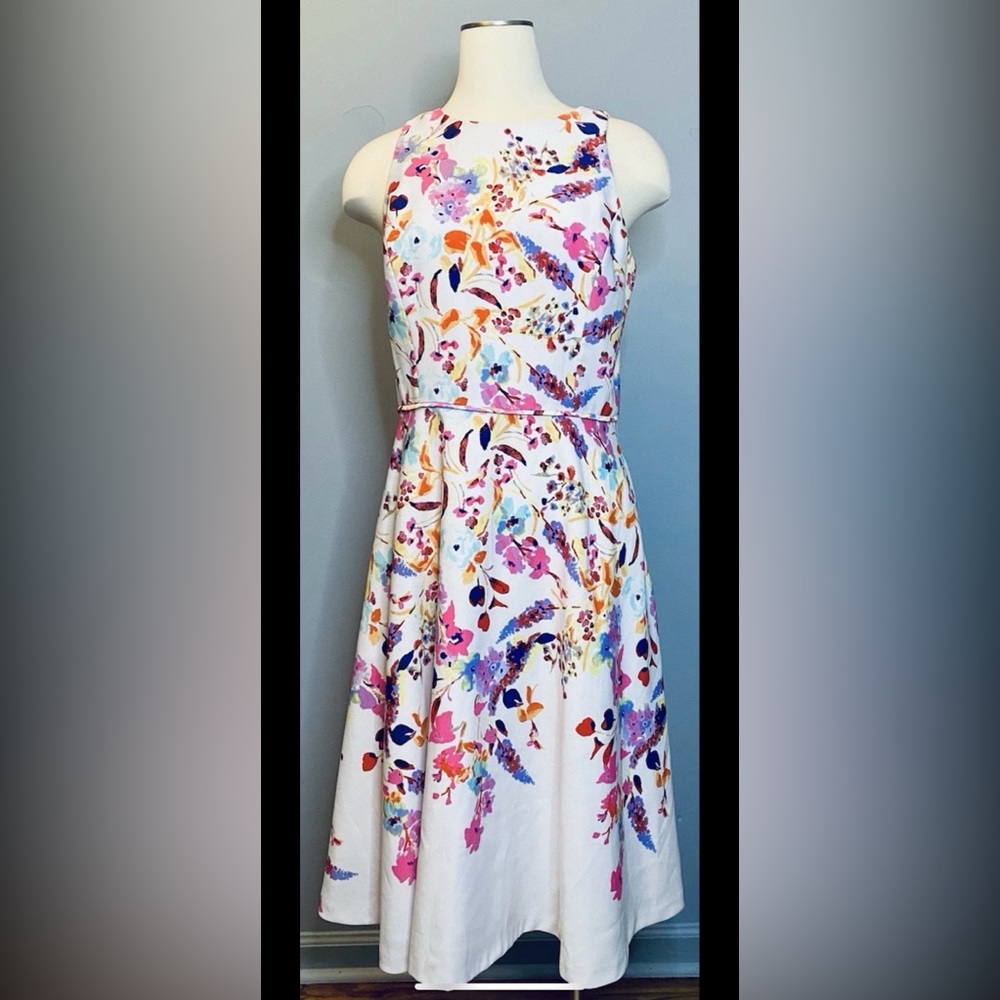 Beautiful! Tahari Arthur S. Levine Dress sz10 Fully Lined White Floral w/pockets